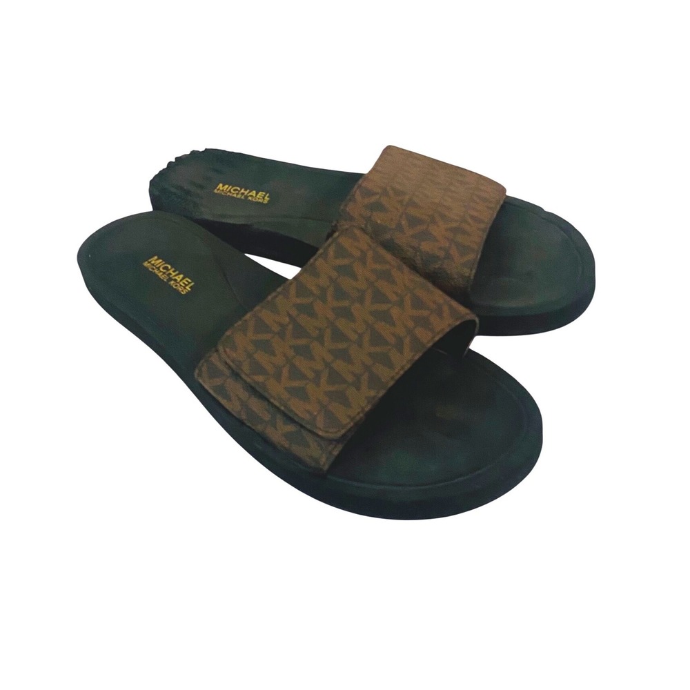 Michael Kors sz 7 MK Logo Slide Sandals Brown Black Casual Slip On Shoes